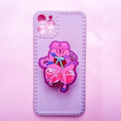 Purple Pink 3D Art iPhone Case | Cherry Anime Girls | Stand-Out Phone Grip