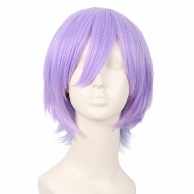Mapofbeauty purlple 12 inch anime cosplay short curly synthetic wig | side bangs | gray blue/light purple | party halloween