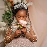 Luxurious Flower Girl Dresses Sequined Lace Pearls Champagne Sequins Ball Gown Tutu Lilttle Kids Birthday Pageant Weddding Gowns - Thumbnail 1