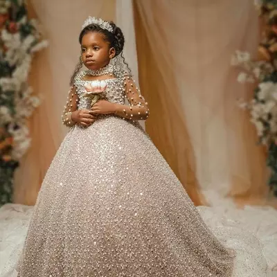 Luxurious flower girl dresses sequined lace pearls champagne sequins ball gown tutu lilttle kids birthday pageant weddding gowns - Thumbnail 1