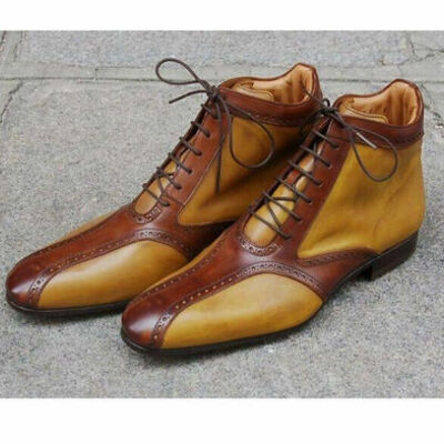 Tan brown lace up premium leather high ankle men handmade stylish vintage boots