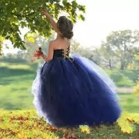 Dark Blue Tulle Ball Gown Flower Girl Dresses For Wedding One Shoulder Girls Pageant Gowns Lace Up Floor Length Kid Party Dresses - Thumbnail 1