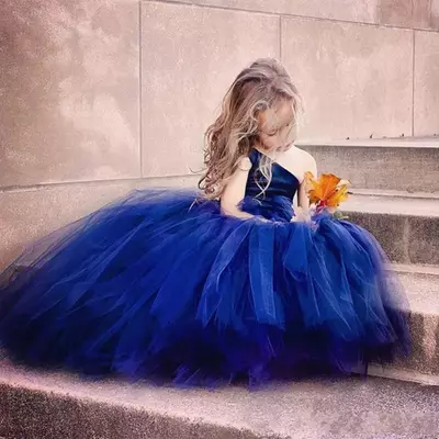 Dark blue tulle ball gown flower girl dresses for wedding one shoulder girls pageant gowns lace up floor length kid party dresses - Thumbnail 1