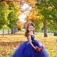 Dark Blue Tulle Ball Gown Flower Girl Dresses For Wedding One Shoulder Girls Pageant Gowns Lace Up Floor Length Kid Party Dresses - Thumbnail 2