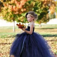 Dark Blue Tulle Ball Gown Flower Girl Dresses For Wedding One Shoulder Girls Pageant Gowns Lace Up Floor Length Kid Party Dresses - Thumbnail 3
