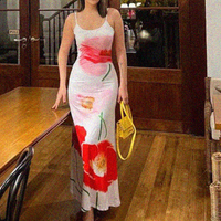 Strapless backless flower print sexy long skirt dress - Thumbnail 1