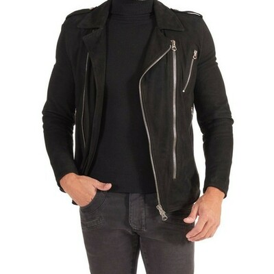 Men’s motorcycle racer biker jacket genuine real suede lambskin leather jacket