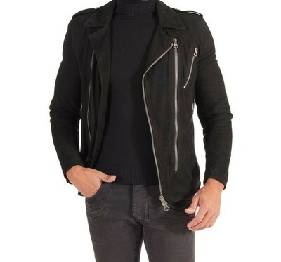 Men’s Motorcycle Racer Biker Jacket Genuine Real Suede Lambskin Leather Jacket