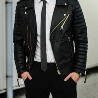 Men's Genuine Lambskin Leather Jacket Slim fit Biker Motorcycle - Thumbnail 4