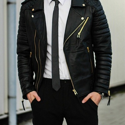 Men's genuine lambskin leather jacket slim fit biker motorcycle