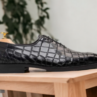 Men's Black Alligator Print Whole Cut Lace Up Shoes, Handmade Shoes - Thumbnail 1