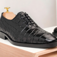 Men's Black Alligator Print Whole Cut Lace Up Shoes, Handmade Shoes - Thumbnail 2