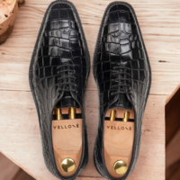 Men's Black Alligator Print Whole Cut Lace Up Shoes, Handmade Shoes - Thumbnail 3