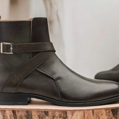 Ankle high handmade men's chocolate brown leather boot, jodhpurs boot