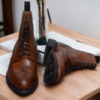 Handmade Men's Brown Genuine Leather Boot, Wing Tip Lace Up Boot - Thumbnail 2