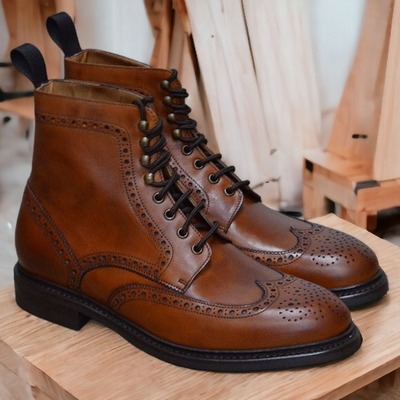 Handmade men's brown genuine leather boot, wing tip lace up boot