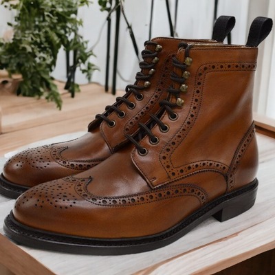Handmade men's brown genuine leather boot, wing tip lace up boot