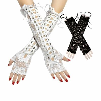 White gothic laced fingerless gloves - Thumbnail 1