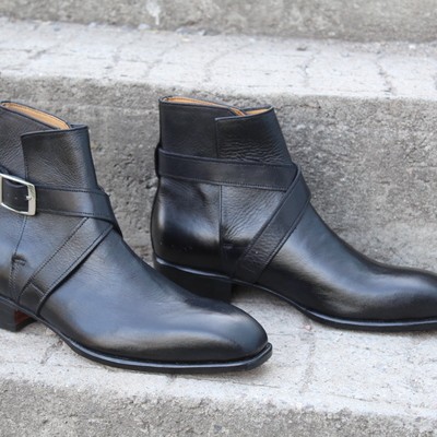 Crafted leather classic men dress shoes black leather buckle strap military jodhpur boot