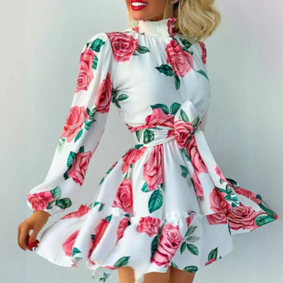 Elegant women's rose printed ruffled dress - Thumbnail 1