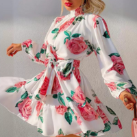 Elegant Women'S Rose Printed Ruffled Dress - Thumbnail 1