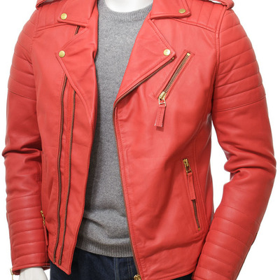 Handmade men’s leather biker jacket in red - Thumbnail 5