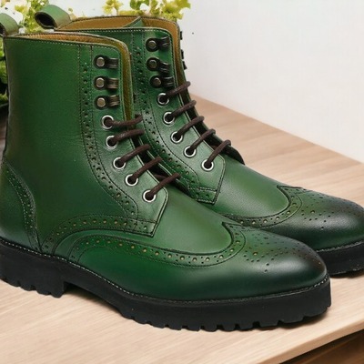 Ankle high green leather handmade boot, men's wing tip boot
