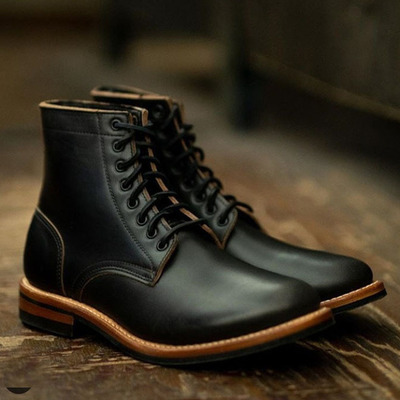 Black color genuine leather high ankle oxford men lace up tan sole vintage boots