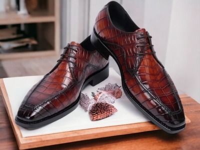 Handmade Men's Two Shaded Alligator Print Leather Dress Shoes