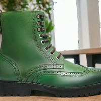 Ankle High Handmade Men's Green Genuine Leather Boot, Luxury Boot - Thumbnail 1