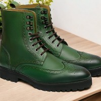 Ankle High Handmade Men's Green Genuine Leather Boot, Luxury Boot - Thumbnail 2