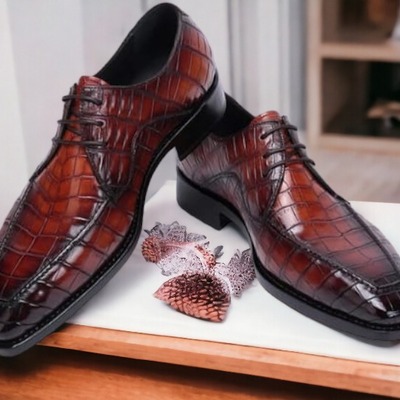 Handmade men's two shaded brown alligator print leather shoes