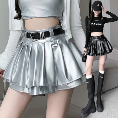 Millennium Silver Pleated A-line Skirt With Belt