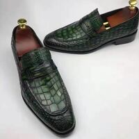 Green Alligator Skin Texture Handmade Loafers Designer Shoes - Thumbnail 1
