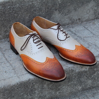 Crafted Leather Classic Men Dress Shoes Brown Beige Leather Wingtip Oxford - Thumbnail 3