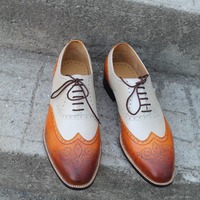 Crafted Leather Classic Men Dress Shoes Brown Beige Leather Wingtip Oxford - Thumbnail 1