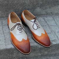 Crafted Leather Classic Men Dress Shoes Brown Beige Leather Wingtip Oxford - Thumbnail 2