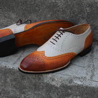 Crafted Leather Classic Men Dress Shoes Brown Beige Leather Wingtip Oxford - Thumbnail 5