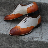 Crafted Leather Classic Men Dress Shoes Brown Beige Leather Wingtip Oxford - Thumbnail 6