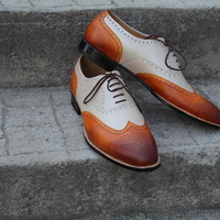 Crafted Leather Classic Men Dress Shoes Brown Beige Leather Wingtip Oxford - Thumbnail 4