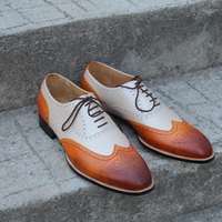 Crafted Leather Classic Men Dress Shoes Brown Beige Leather Wingtip Oxford - Thumbnail 7