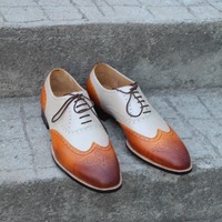 Crafted Leather Classic Men Dress Shoes Brown Beige Leather Wingtip Oxford - Thumbnail 8