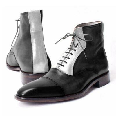 Handmade men two tone cap toe lace up boot, men black and white ankle high boots