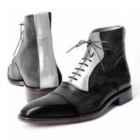 Handmade Men Two tone Cap toe lace up Boot, Men black and white ankle high boots - Thumbnail 1