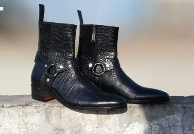 Handmade Men’s Ankle High Alligator Leather Boot Men’s Black Designer Buckle Sid