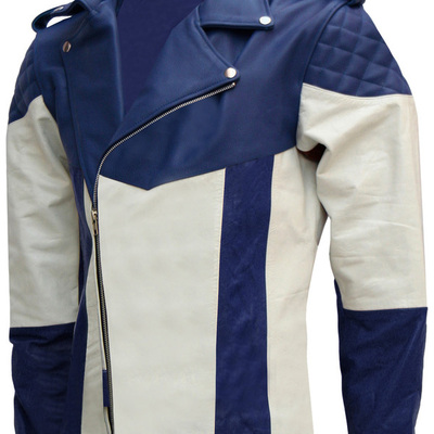 Handmade men blue & white biker leather jacket