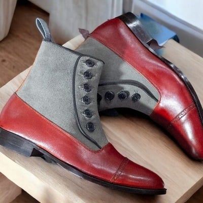 Handmade ankle high two tone leather suede boot, men's button top boot