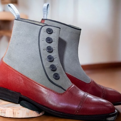 Handmade ankle high two tone leather suede boot, men's button top boot