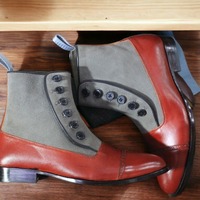 Handmade Ankle High Two Tone Leather Suede Boot, Men's Button Top Boot - Thumbnail 2