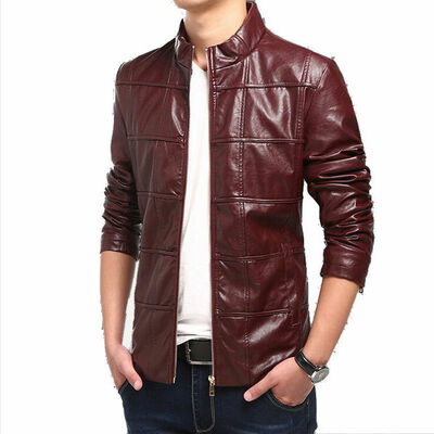 Handmade men burgundy color designer square blocks stitched men's lamb leather biker jacket - Thumbnail 4